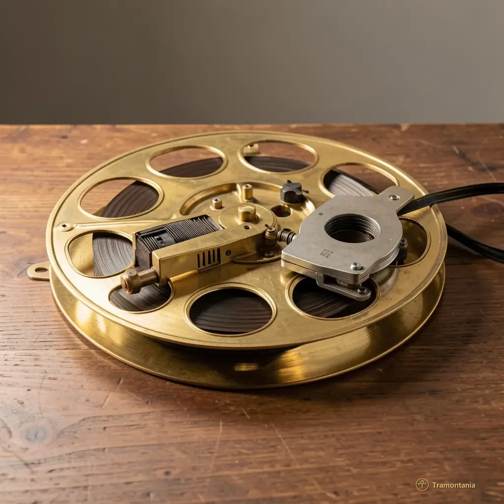 Nino, l'âne de Tramontania — Close-up shot of a vintage film reel and projector mechanism on a wooden table. The light reflects off the brass parts, suggesting an old cinema atmosphere.