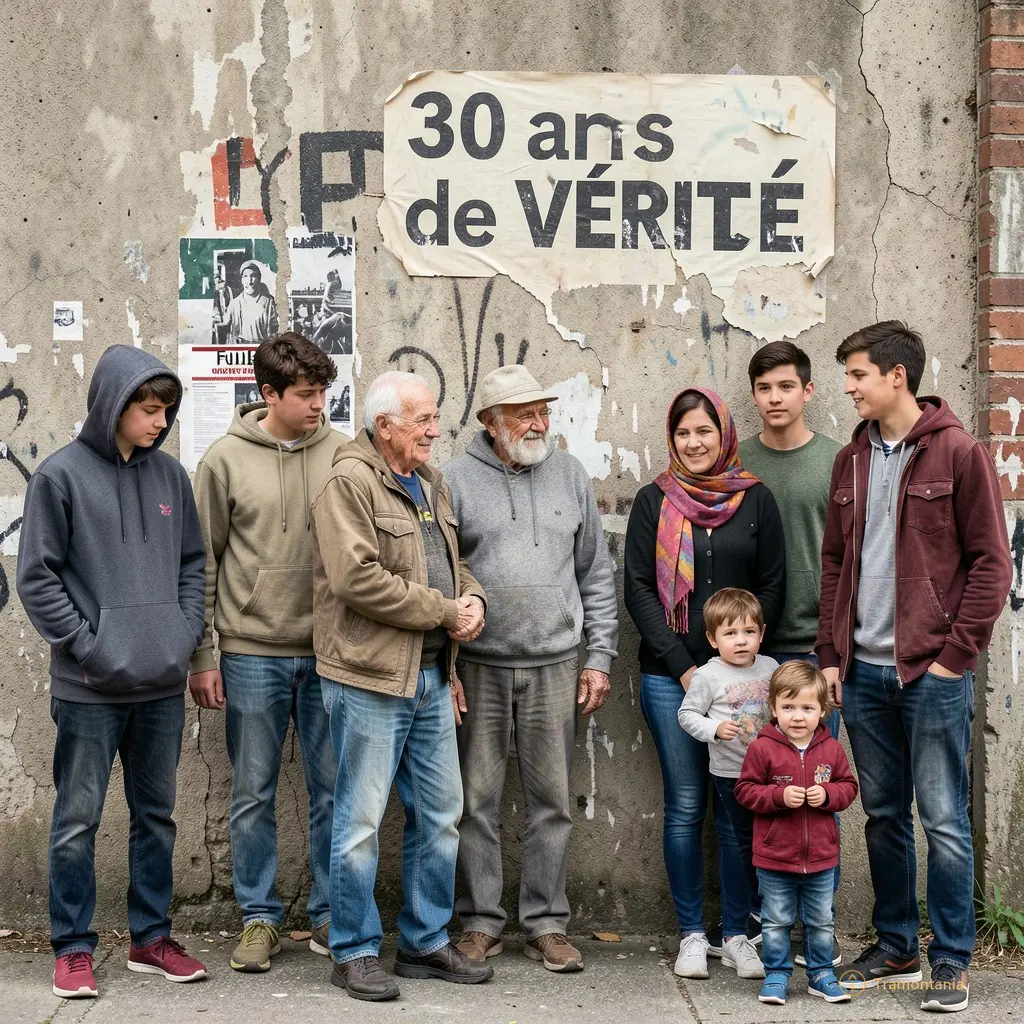 Foule hétéroclite — adolescents avec hoodies, retraités aux mains calleuses, femmes en foulard, enfants accrochés aux jambes des parents. Une affiche délavée sur le mur : « 30 ans de vérité ».