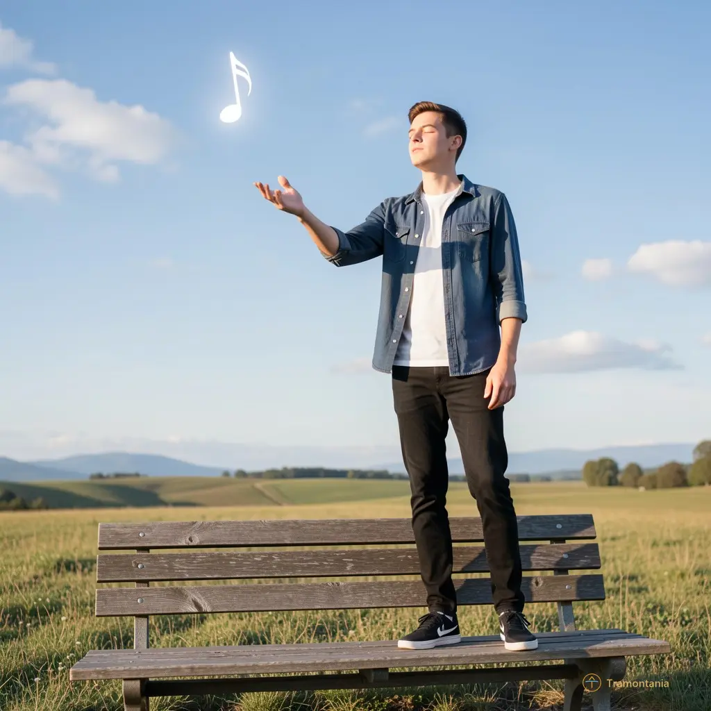Un jeune homme debout sur un banc, les yeux fermés, main tendue vers la scène comme s’il voulait attraper une note qui flottait dans le ciel.