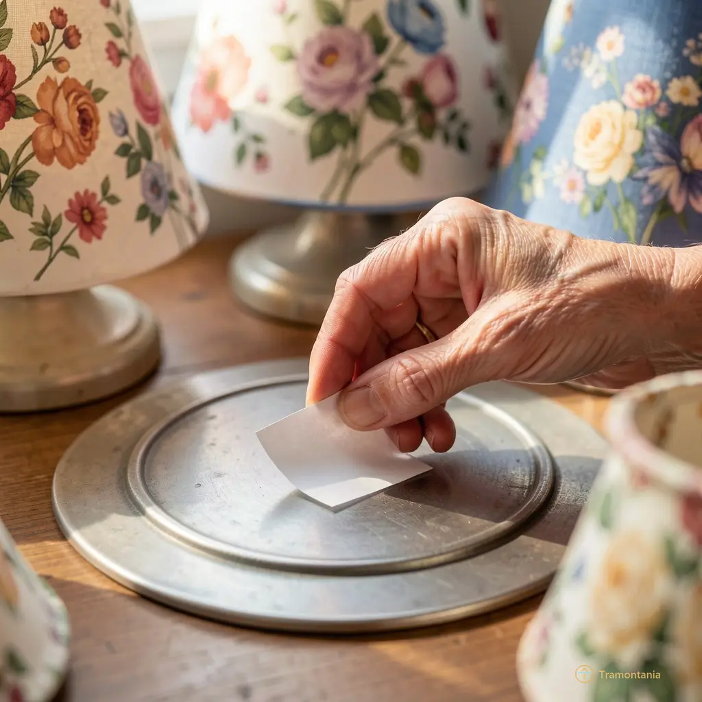 Une main âgée posant délicatement un morceau de papier sur un cercle en métal. Autour, des abat-jours terminés, aux motifs floraux variés. Lumière du matin.