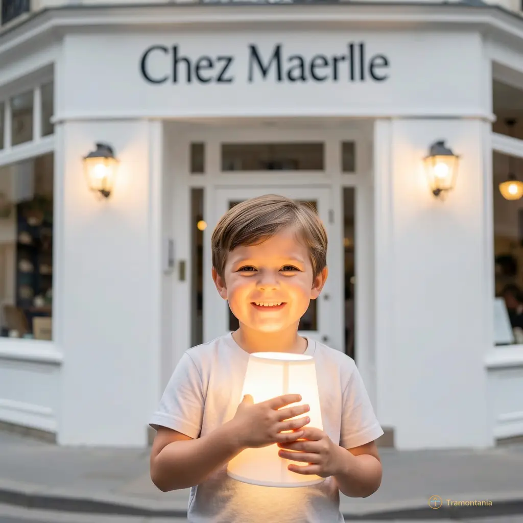 Un enfant de cinq ans tenant son premier abat-jour, sourire jusqu’aux oreilles, devant une lampe allumée. Fond : façade blanche de Chez Maerlle.