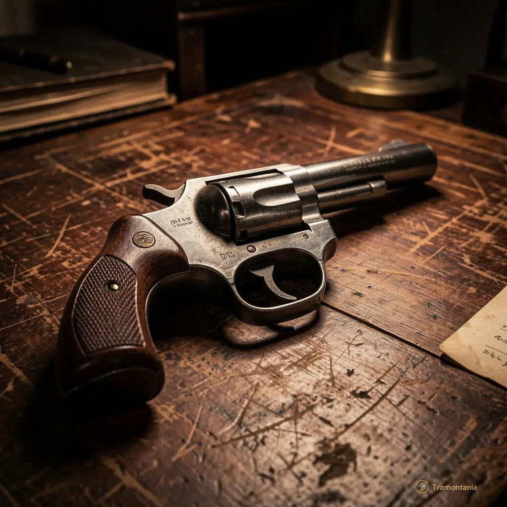 Cinematic still of a vintage revolver resting on a wooden desk with dramatic noir lighting