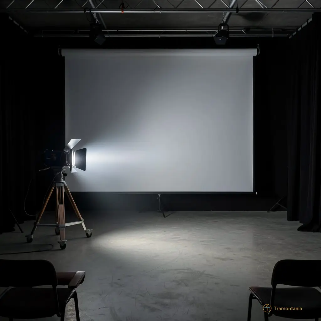 Interior wide shot of Clap Ciné Canet showing the projector beam hitting a blank screen in a dark room