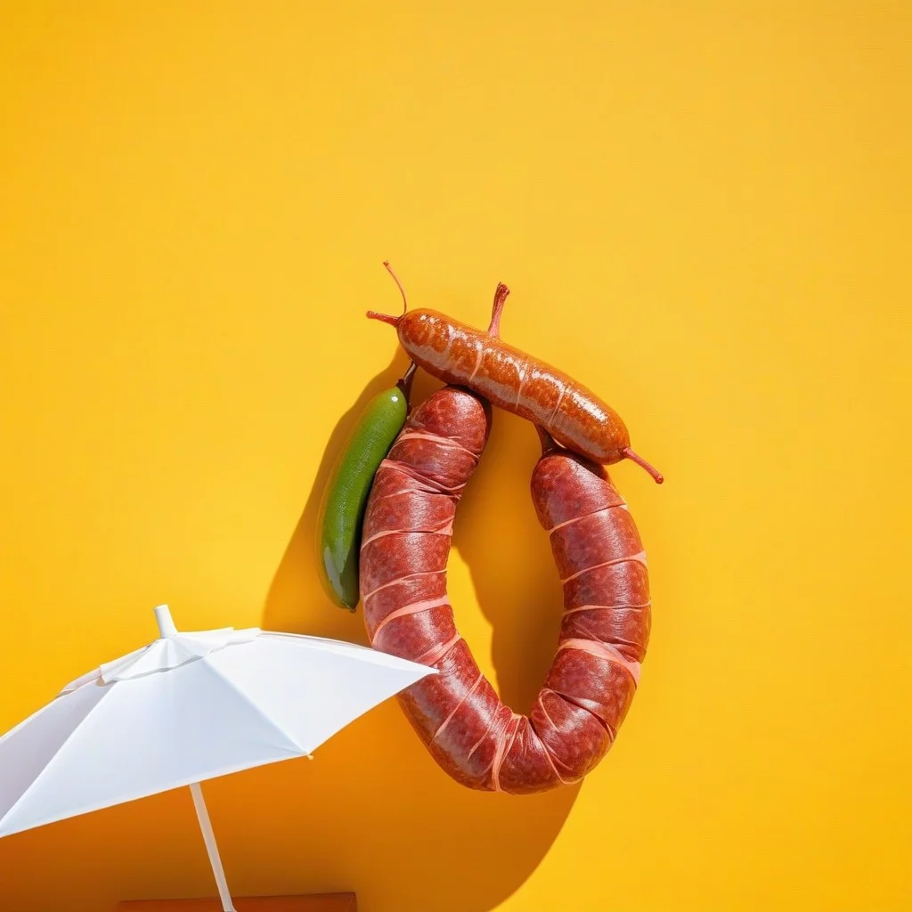 Détail d’un étal de charcuterie catalane : saucisses fumées en éventail, lardons dorés, morceaux de figatellu aux herbes, et une bouteille de vinaigre de Xérès qui brille comme un trésor. Au fond, un chien somnole sous un parasol, la langue pendante, les pattes posées sur un sac en papier rempli d’olives.