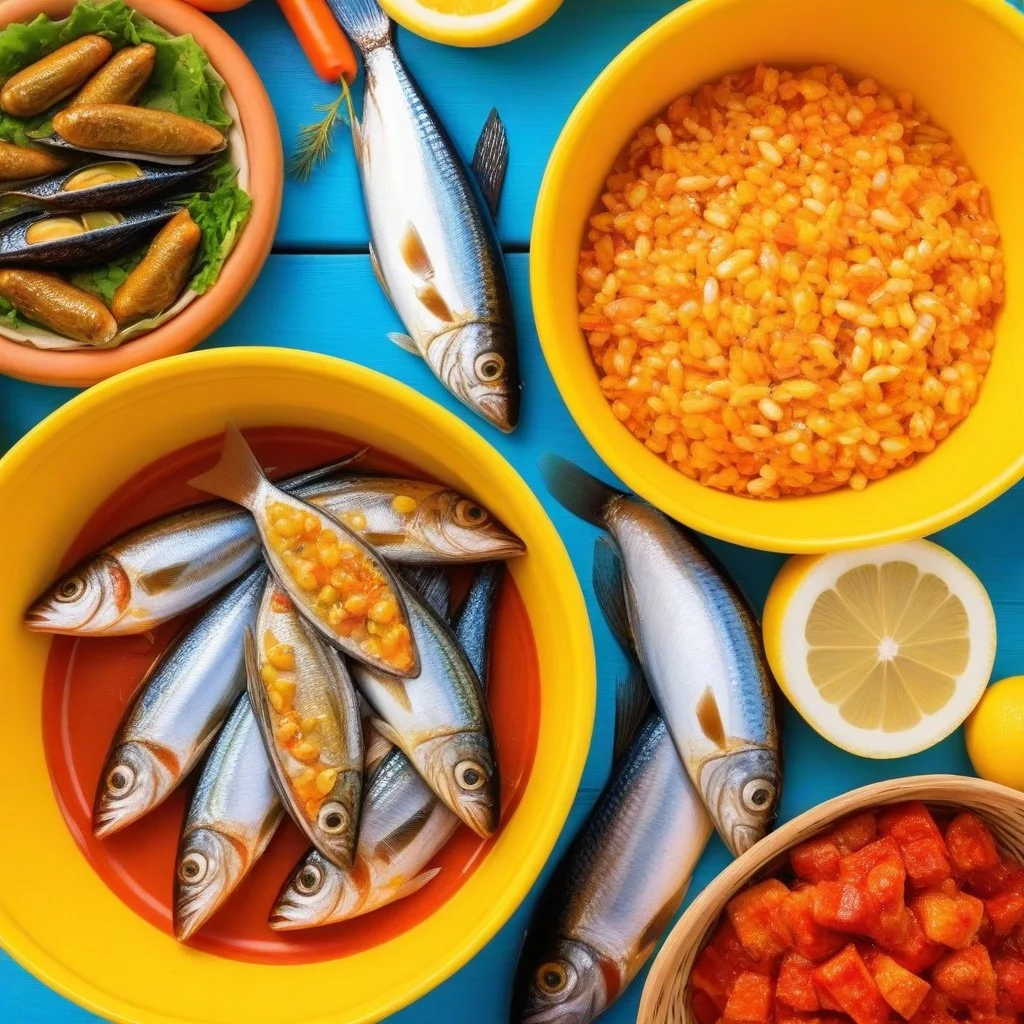 Étals du marché de la pêche à Port-Argelès : poissons colorés (rougets, sardines, dorades) étalés sur des glaçons qui fondent doucement, filets de poulpe encore humides, paniers en osier remplis de coquillages. Un vieux chapeau de paille repose sur un seau, une main gantée tient un couteau à l’air déterminé. Fond : bateaux de pêche ancrés, soleil matinal sur l’eau.
