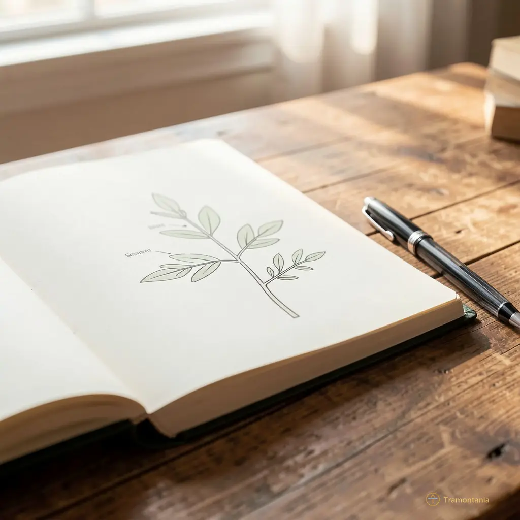 Détail d’un livre ouvert sur un bureau en bois, page avec schéma simplifié du génome végétal, stylo posé à côté, lumière naturelle de fin d’après-midi