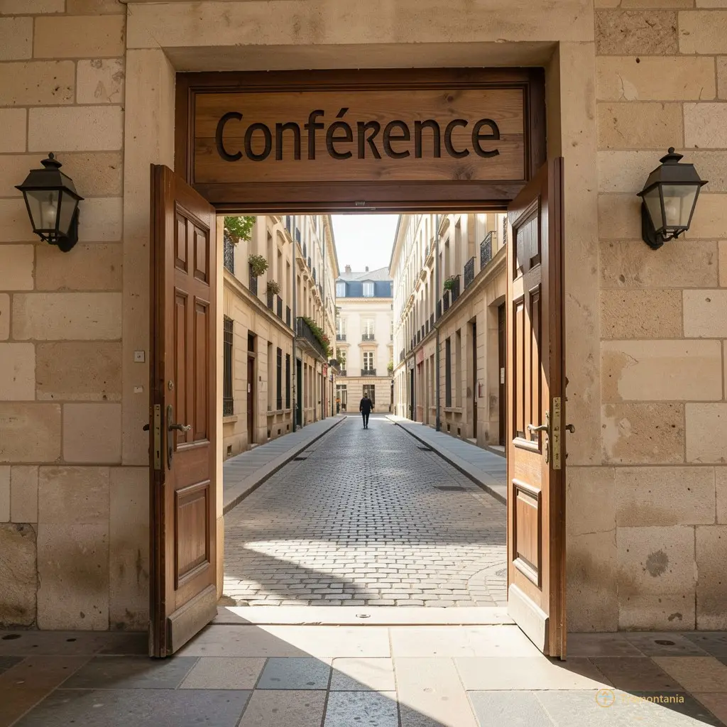 Vue large de l’entrée de la salle Novelty, porte entrouverte sur une rue calme, panneau « Conférence » en bois gravé, ombre d’un passant lointain