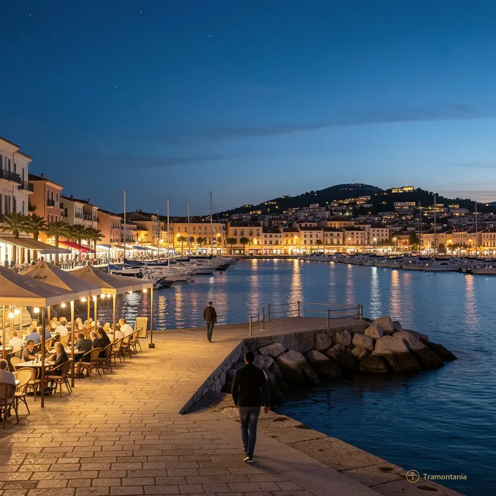 Plan large du front de mer à Banyuls-sur-Mer, nuit tombante, lumières des terrasses allumées, silhouette d’une personne marchant vers le port