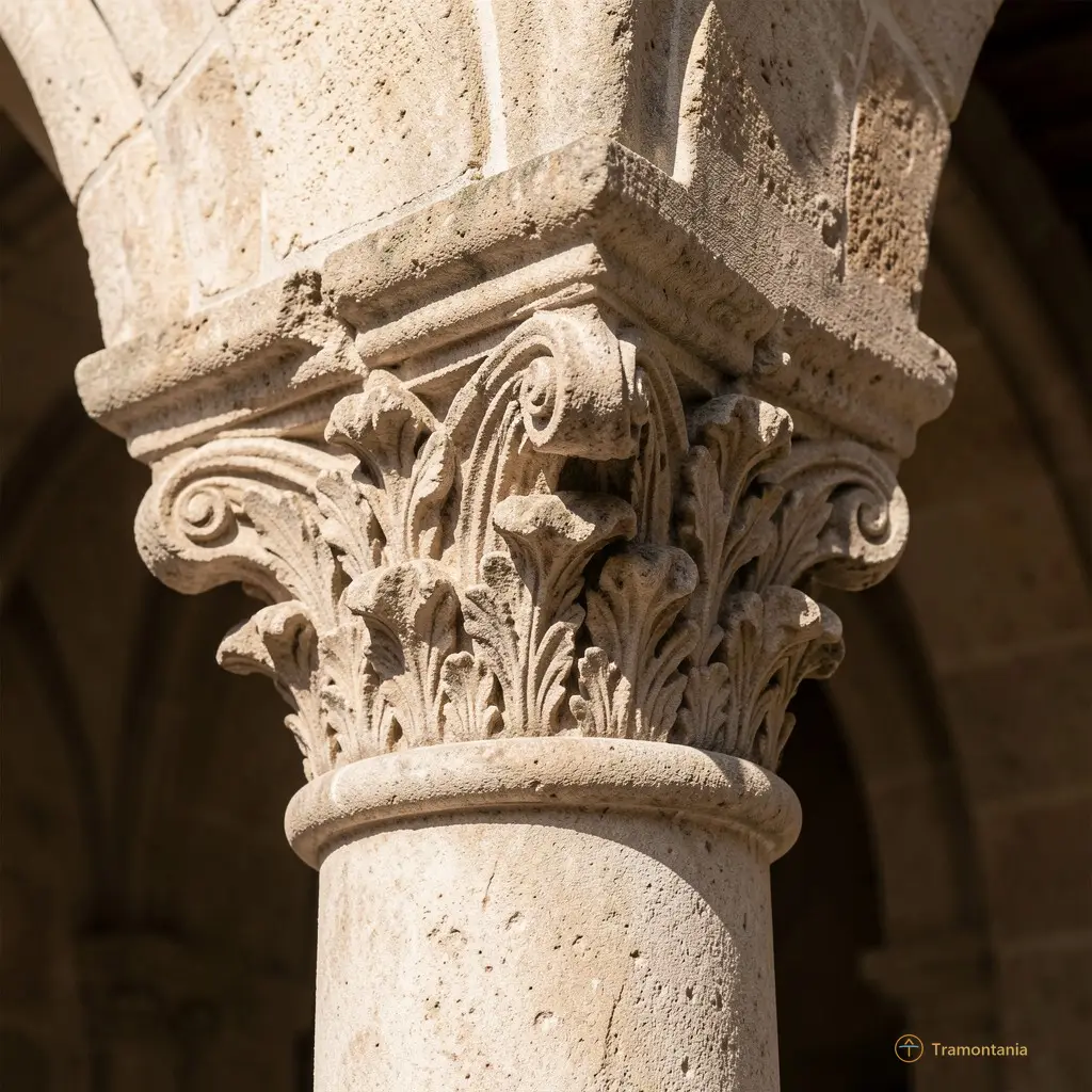 Détail d’un chapiteau dans le cloître. Pierres taillées, ombre nette sous la lumière oblique. Cadrage serré sur une sculpture de feuillage et de visages stylisés.