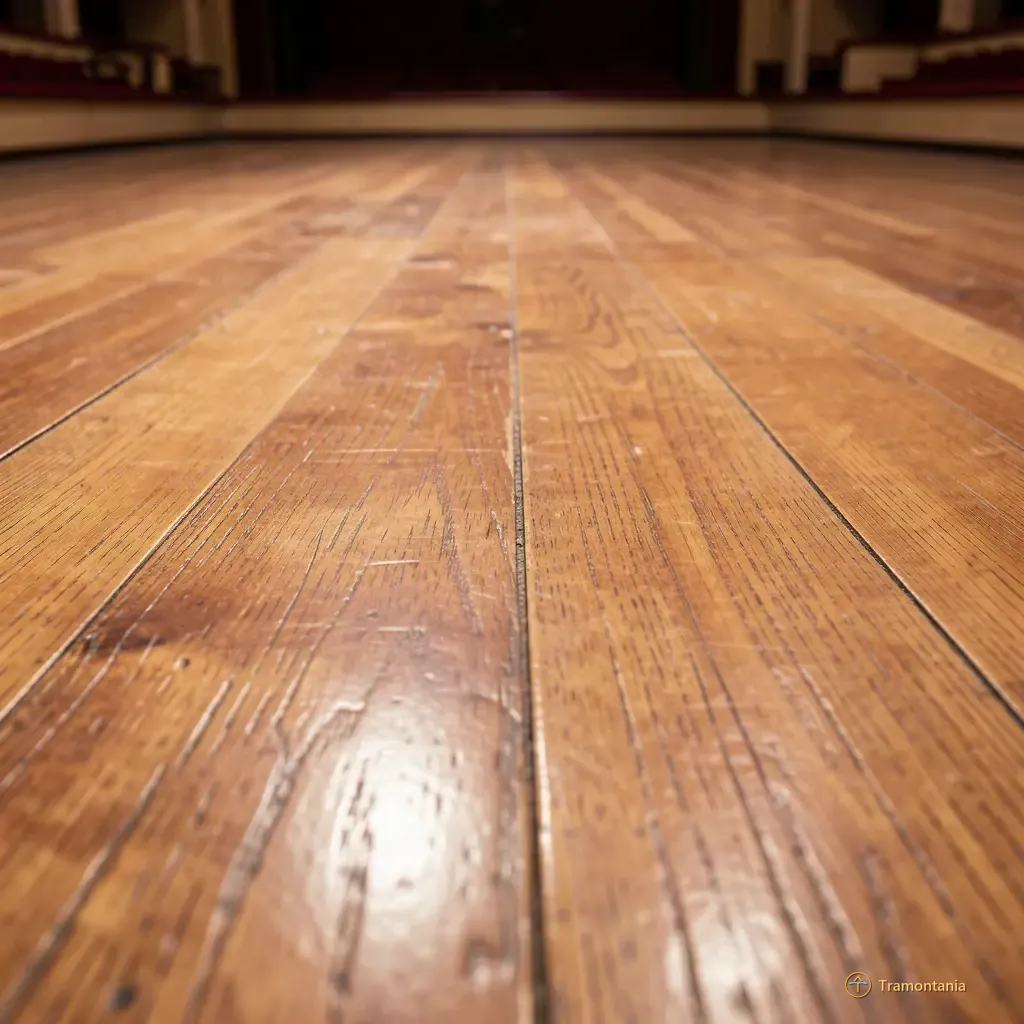 A close detail shot of the polished wooden floorboards in a historic theater hall, showing visible seams and grain patterns. The focus is on the material texture under soft stage lighting; no people are present.