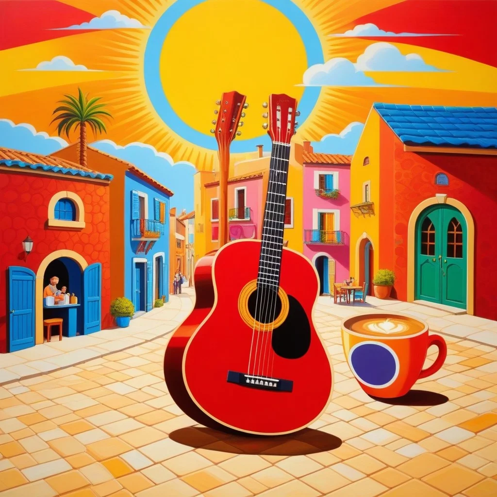 Affiche rétro colorée des années 70, style "Fête de la Saint-Jean", avec un soleil en forme de cercle rouge, des silhouettes dansantes, et au centre une étagère pleine d’objets hétéroclites : un pot à café, une guitare cassée, un chapeau de paille, un téléviseur sans écran. En bas, écrit en lettres cursive : "Exposition diverse — Perpignan 2026".
