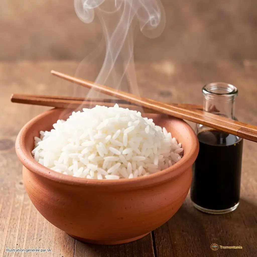 Close-up of a clay bowl filled with white rice, steam rising in thin threads, next to a small glass bottle of soy sauce and a pair of chopsticks laid neatly across its rim