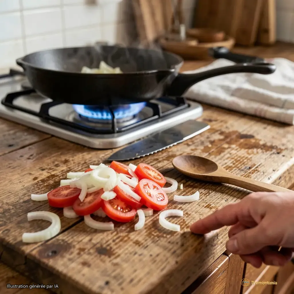 A rustic kitchen counter covered in sliced onions and tomatoes, a cast-iron pan still warm on the stove, one wooden spoon resting beside it — no hands visible, only the quiet aftermath of cooking