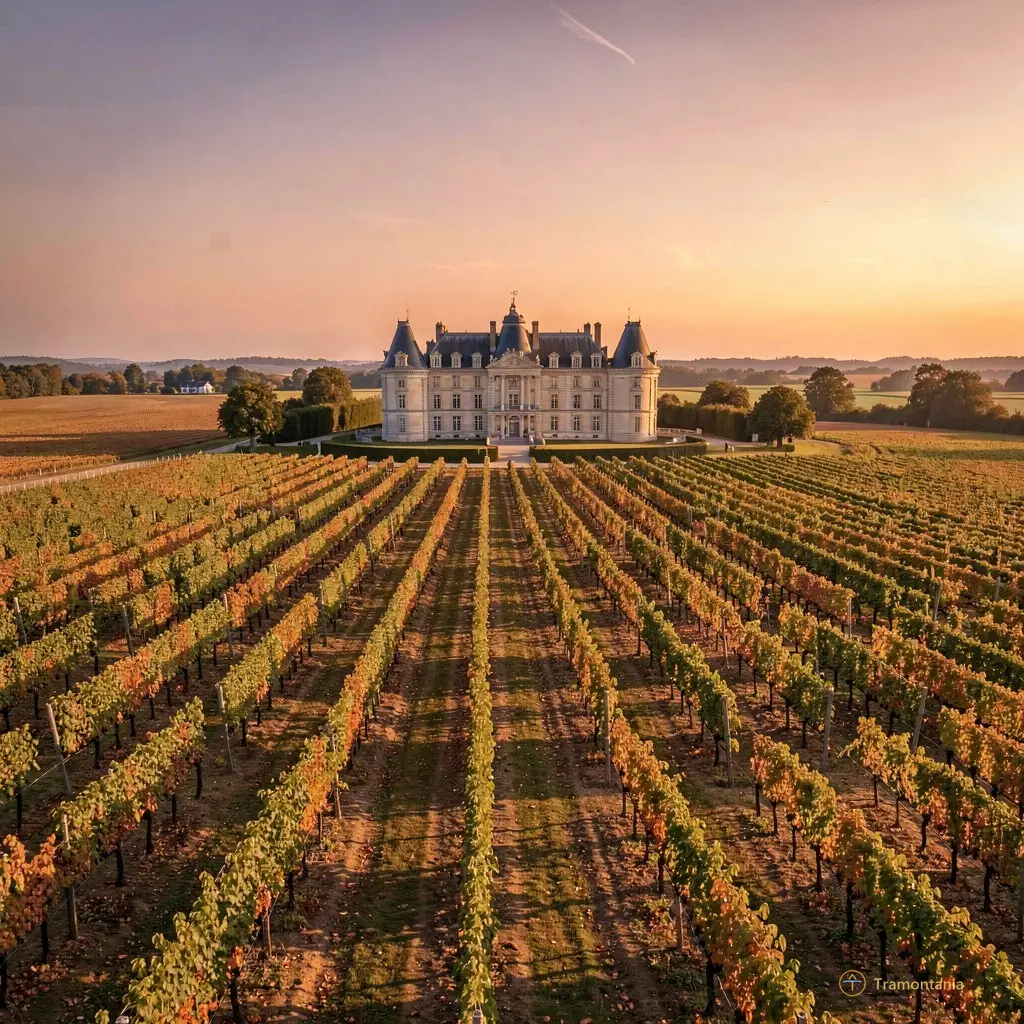 A wide shot of the Château L'Amiral vineyards at dusk, with long shadows stretching across rows of vines