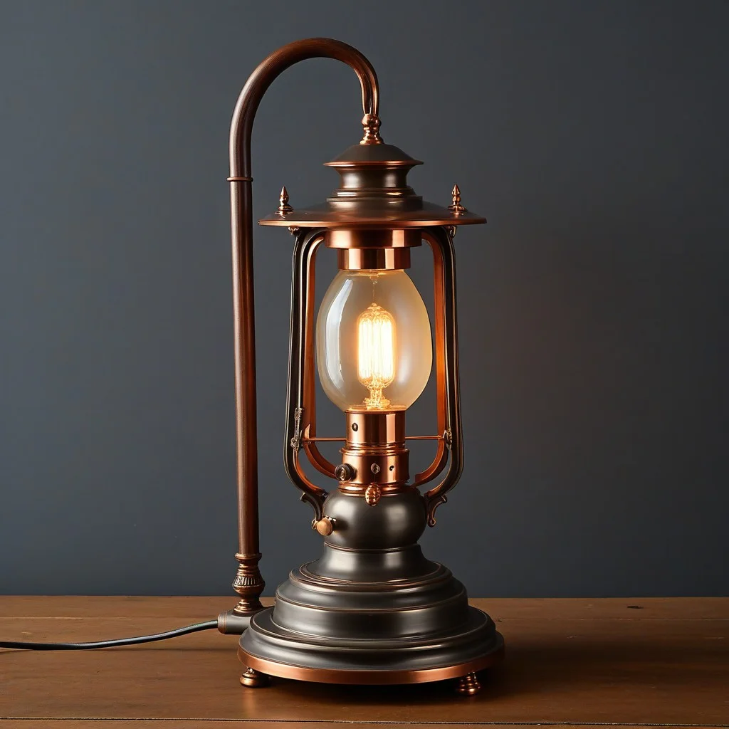 Une vieille lampe à pétrole en cuivre éteinte, posée sur une étagère de bois gris. Le verre est fissuré, la mèche noircie par des années d’usage, mais la lumière qu’elle a donnée semble encore vibrer dans l’air autour d’elle.