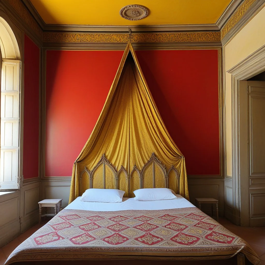 Un morceau de mur ancien, en cayroux, partiellement érodé. Des traces de peinture rouge et jaune s’écaillent comme des plaies anciennes. Le sol devant est recouvert d’un fin duvet de poussière dorée, comme si la lumière avait déposé ses restes.