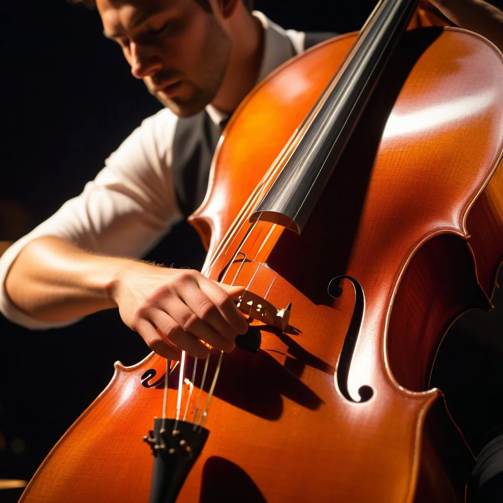 Close-up of a musician's hands playing a cello with intense focus, bathed in dramatic side-lighting that highlights the texture of the wood and the strings, conveying a sense of electric emotion and raw acoustic power.