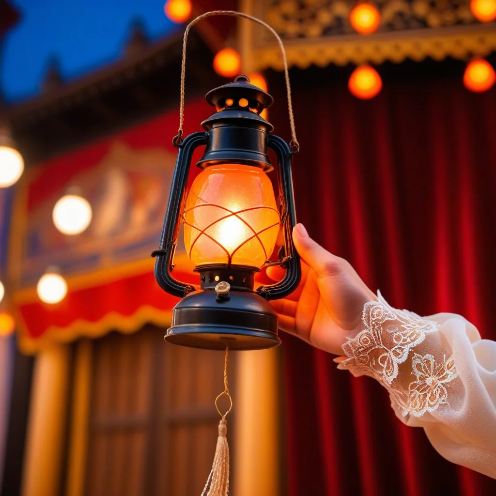 Detail shot of a vintage marionette's hand holding a small, glowing lantern, with intricate lace details visible, set against a blurred background of swirling red and orange stage lights, evoking a sense of ancient street magic.