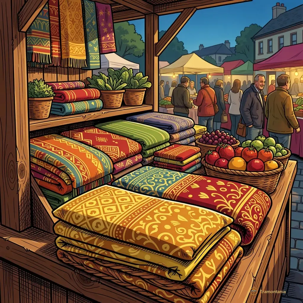 Des produits artisanaux variés sont présentés sur un stand en bois du marché montrant textiles colorés et fruits frais