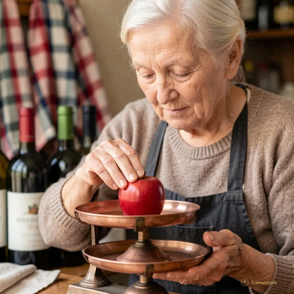 Main d’une femme âgée posant une pomme rouge sur une balance en cuivre, fond flou de tissus à carreaux et bouteilles de vin local, cadrage moyen