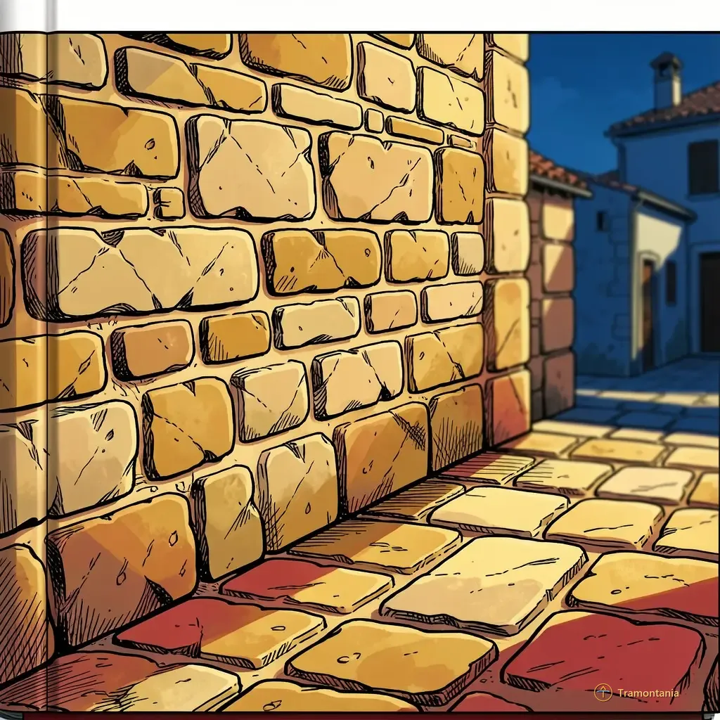 Une illustration de bande dessinée montre un mur de pierres anciennes avec différents types de maçonnerie visibles