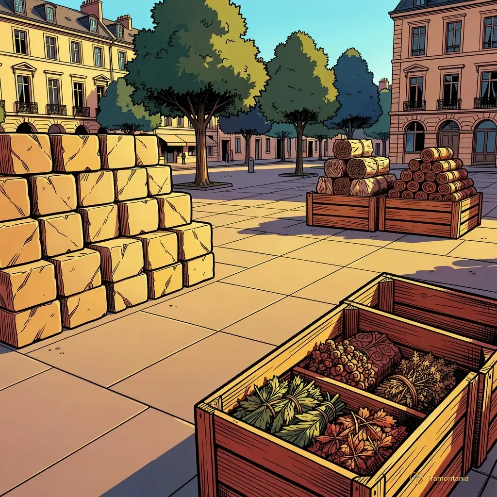 Une place publique présente un tas de blocs de pierre beige clair contre un mur, près de caisses en bois contenant divers produits régionaux