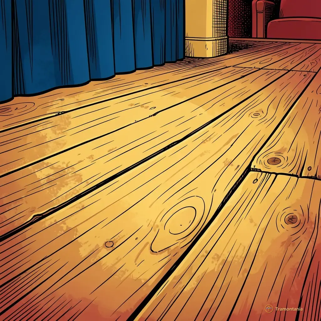 A close-up on a stack of wooden chairs and folding tables placed neatly in the wings or backstage area of an empty theatre. The wood grain is visible, showing wear marks from previous performances. Bright overhead electric lights illuminate the equipment setup against a dark backdrop. Low angle shot looking slightly up at the stacked furniture
