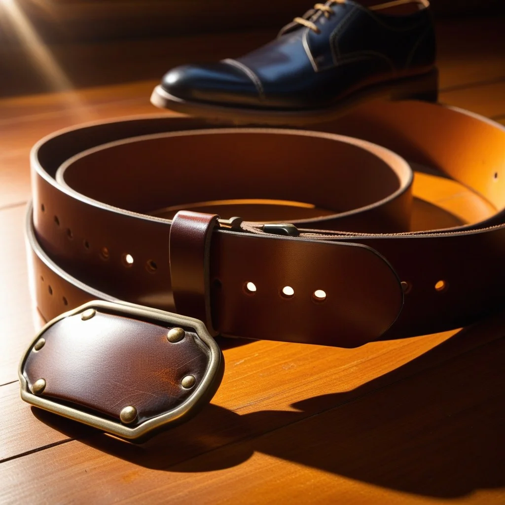 A close-up detail of a worn leather belt buckle resting on a stage floor, reflecting the warm light of a spotlight next to a pair of comfortable walking shoes