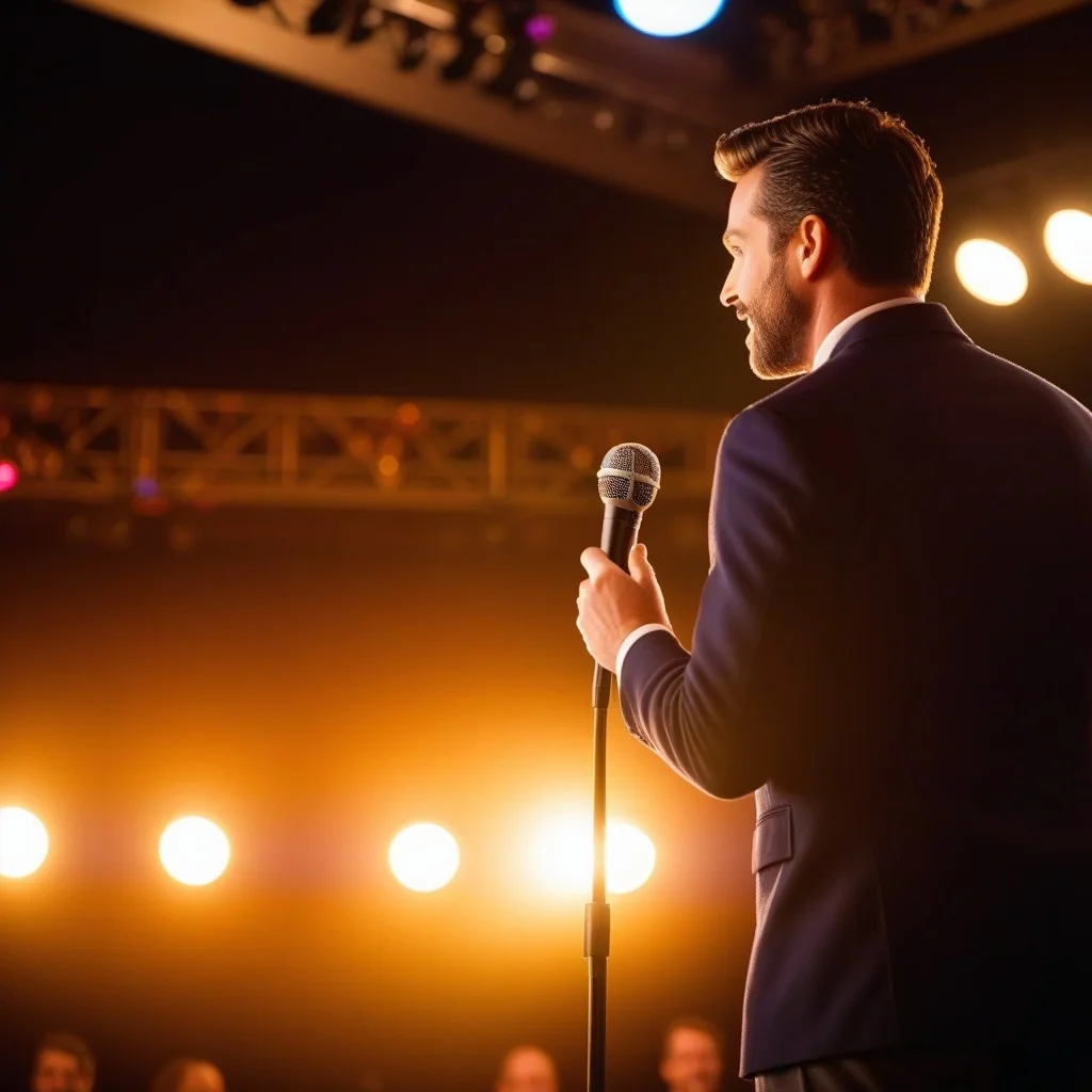 A medium shot of a comedian adjusting his microphone stand on stage, seen from behind with soft bokeh lights in the background creating an intimate and warm atmosphere