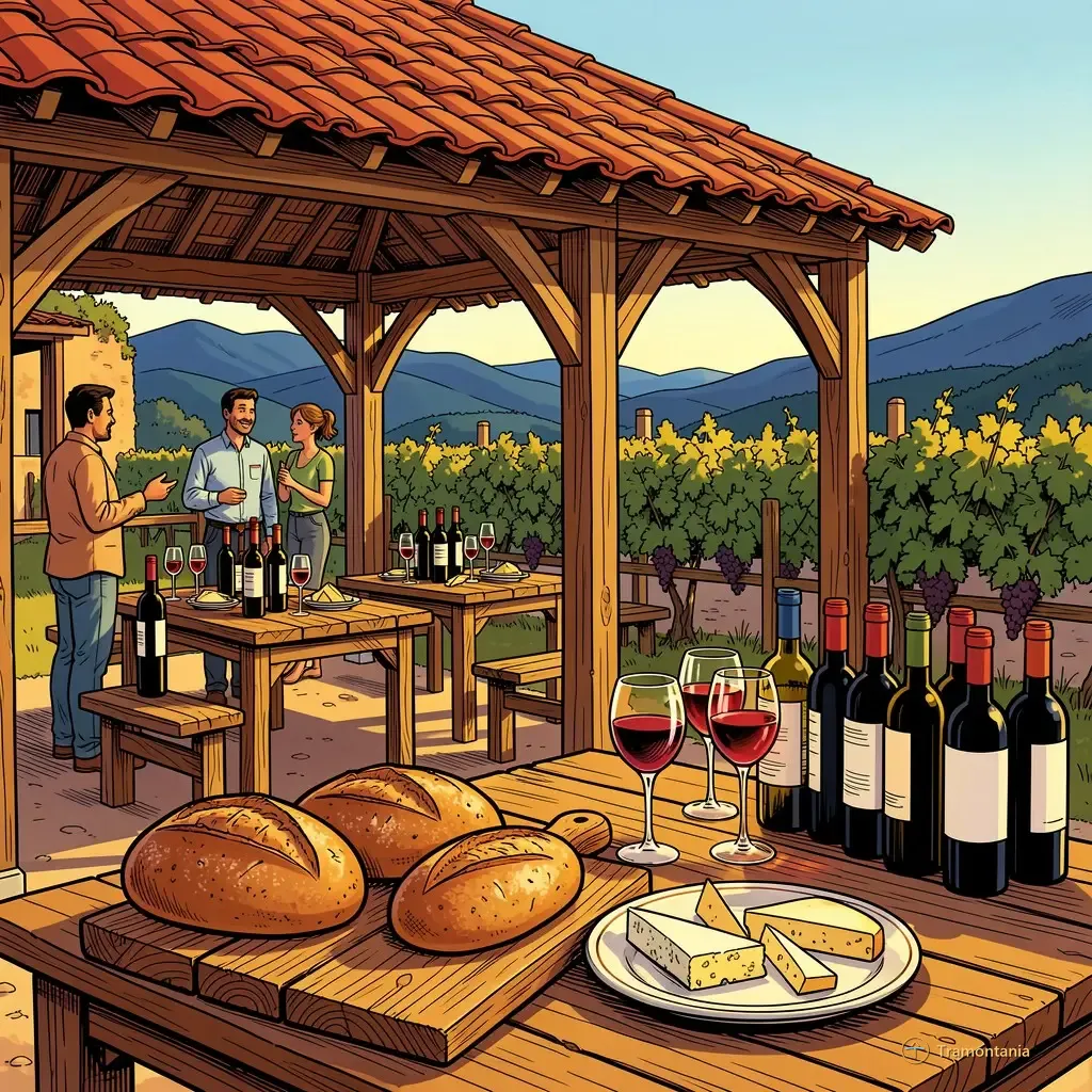 Nino, l'âne de Tramontania — Des tables dégustation en bois sont dressées avec des bouteilles ouvertes, divers verres contenant un liquide rouge et des pains locaux sur planches rustiques