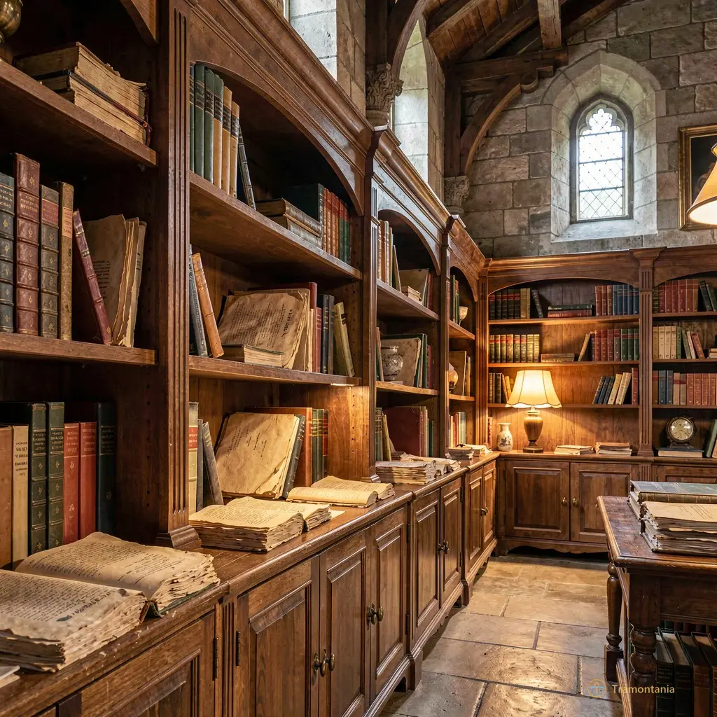Interior detail of the castle library or archive room, warm light illuminating old documents and wooden shelves