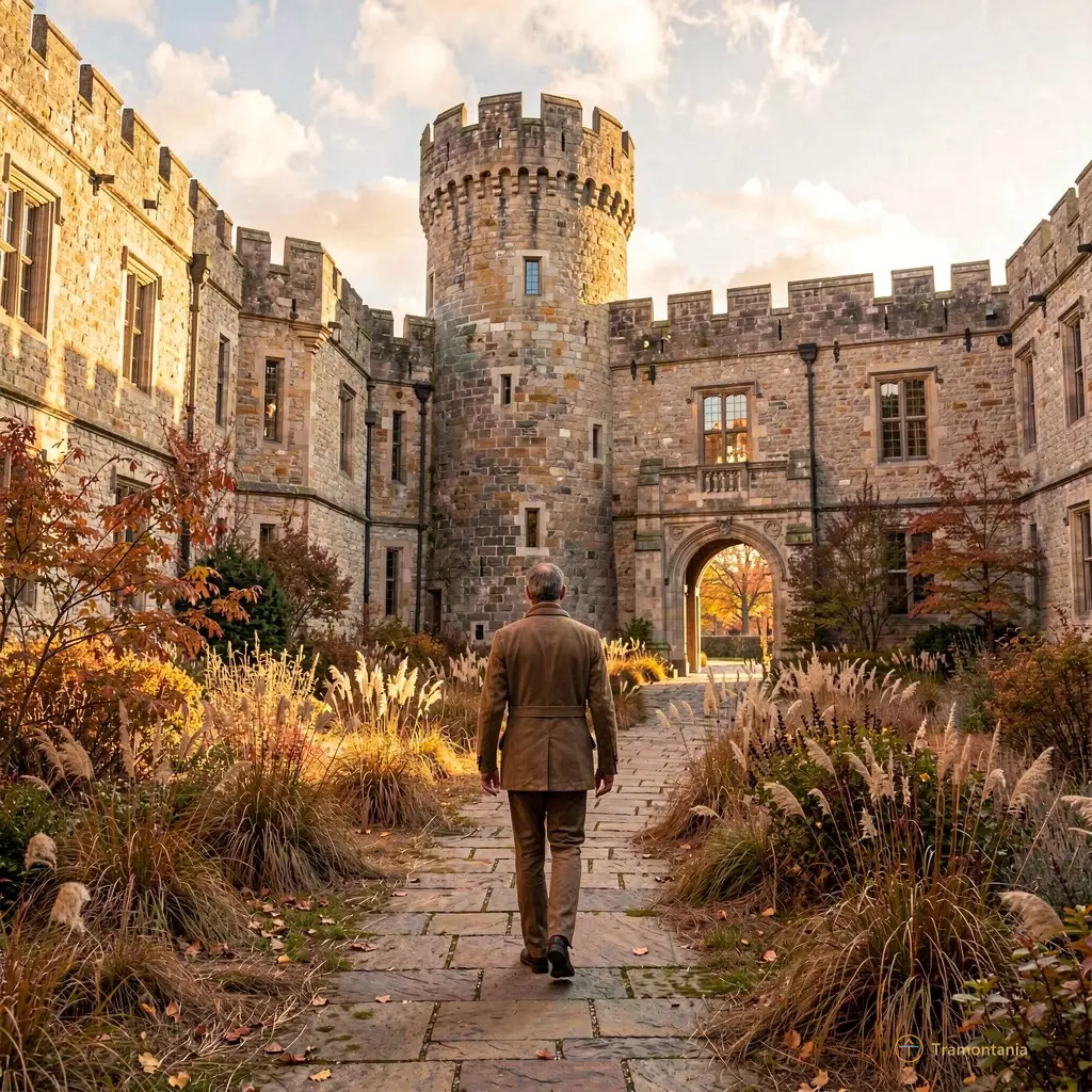 A solitary visitor walking through the castle courtyard, surrounded by autumn light and dry vegetation
