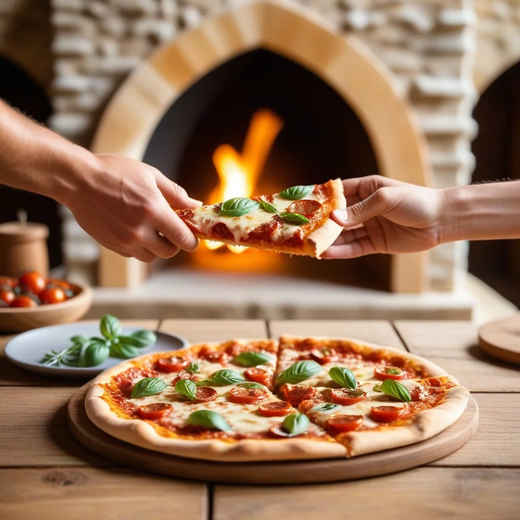 A close-up of hands passing a slice of pizza over a rustic wooden table, with a blurred background of the chapel's stone archway, capturing a warm, communal atmosphere of sharing and conversation.