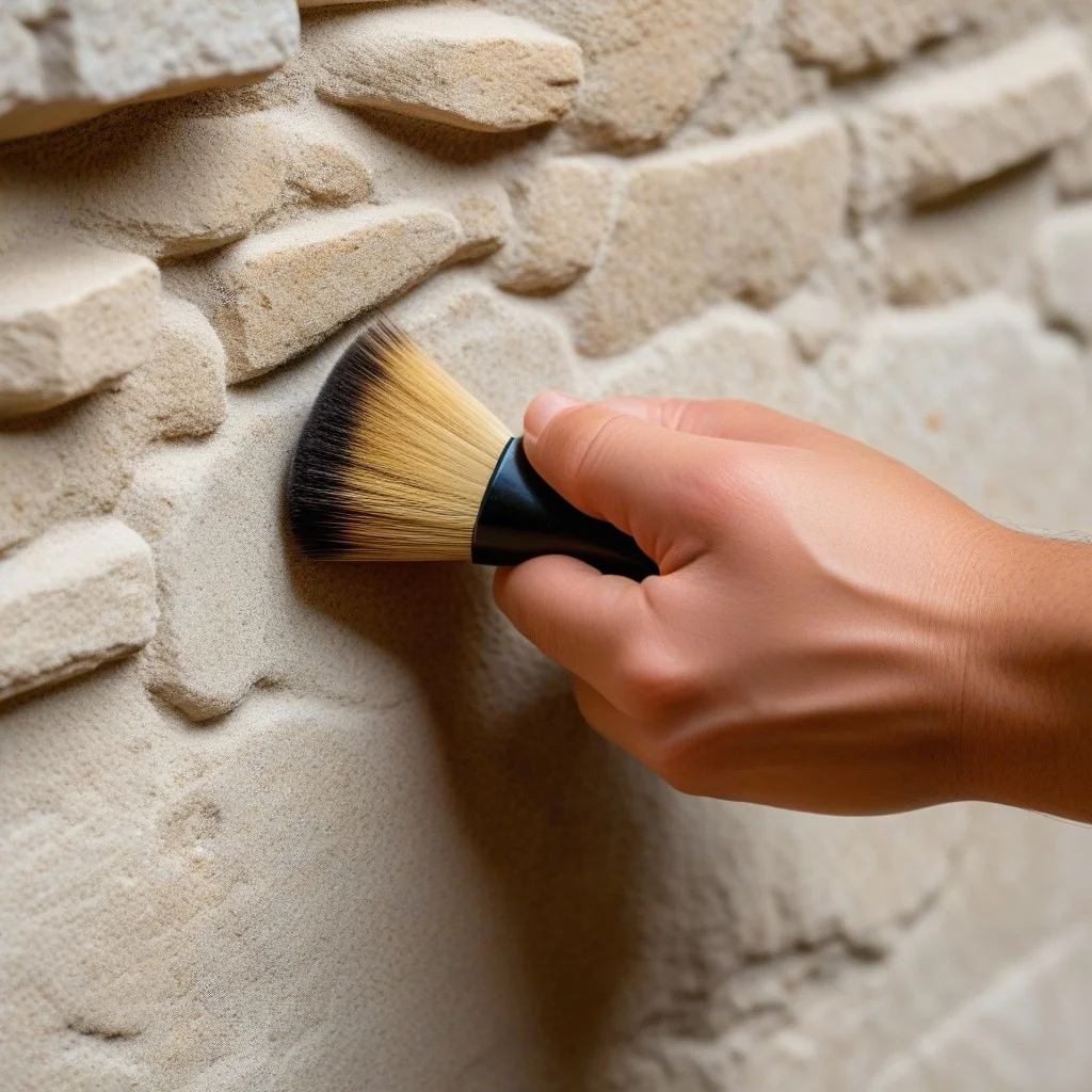 A detailed shot of a hand holding a small, natural-bristle brush gently sweeping dust off a rough, textured stone surface, highlighting the tactile connection between human care and historical material.