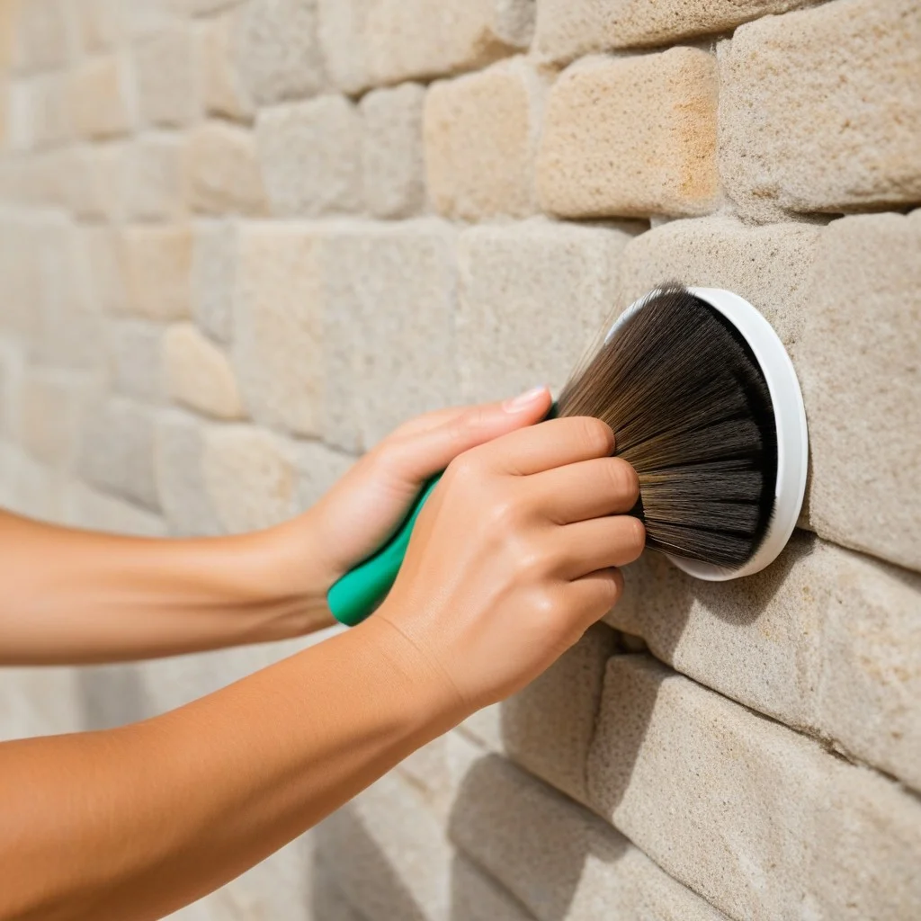 A close-up of hands holding a soft, natural-bristle brush, gently sweeping dust off a textured stone wall, with a small bucket of water and a clean cloth resting nearby, emphasizing the tactile and careful nature of the cleaning process.
