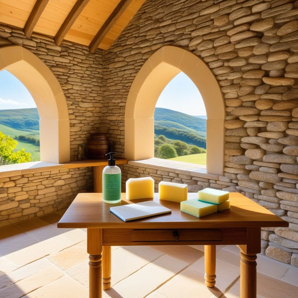 A detailed shot of a small, rustic wooden table set up inside the chapel, holding various cleaning supplies like soft sponges, a jar of natural soap, and a notebook for taking notes, with a view of the arched stone ceiling in the background.