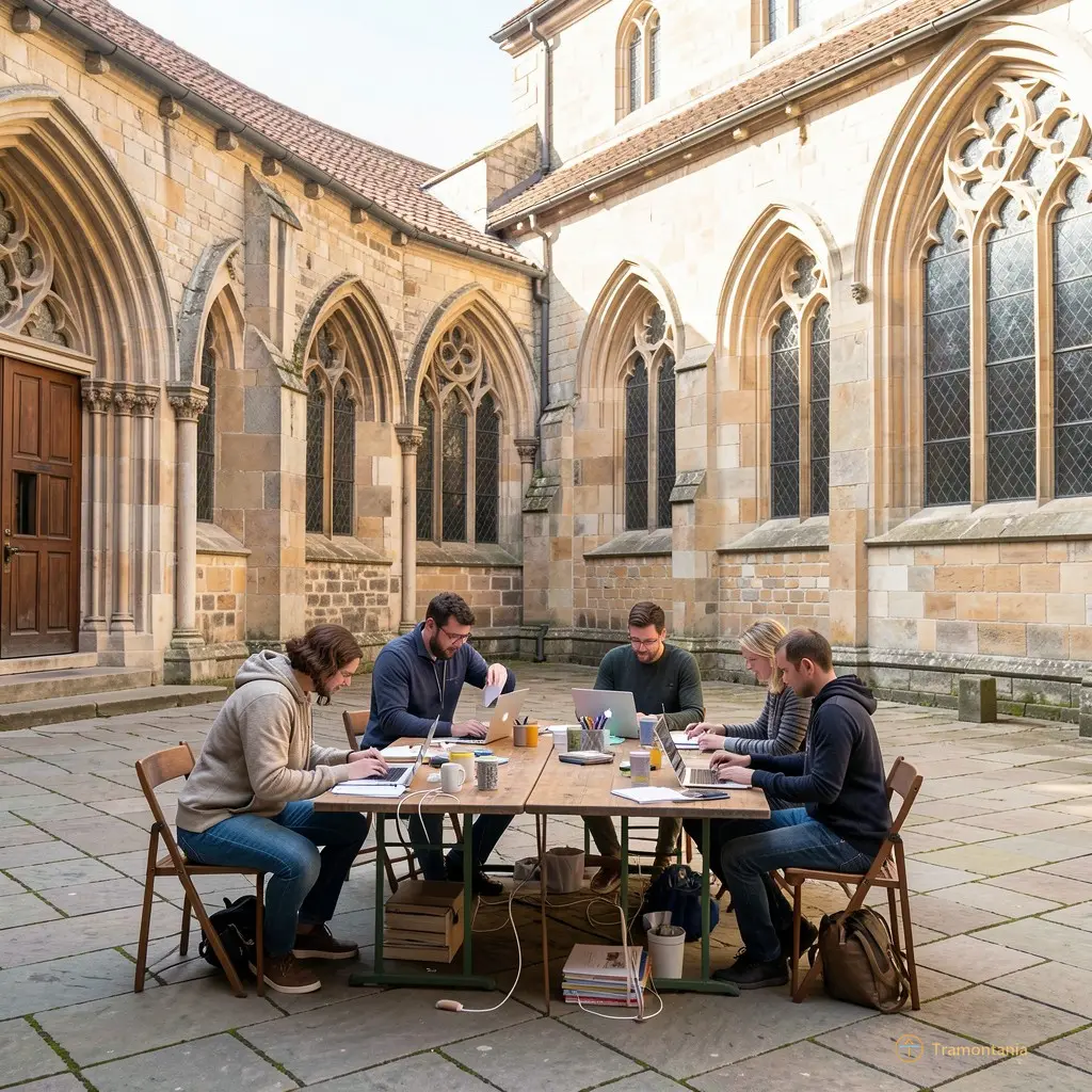 Wide shot of a small group working together in a historic chapel courtyard, candid style