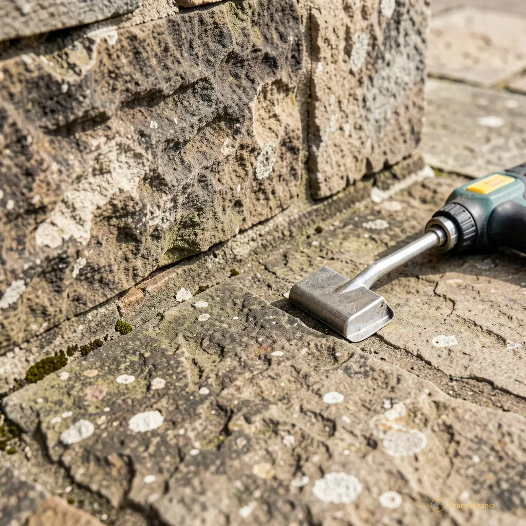 Detail of old stone texture and a cleaning tool resting nearby, documentary style