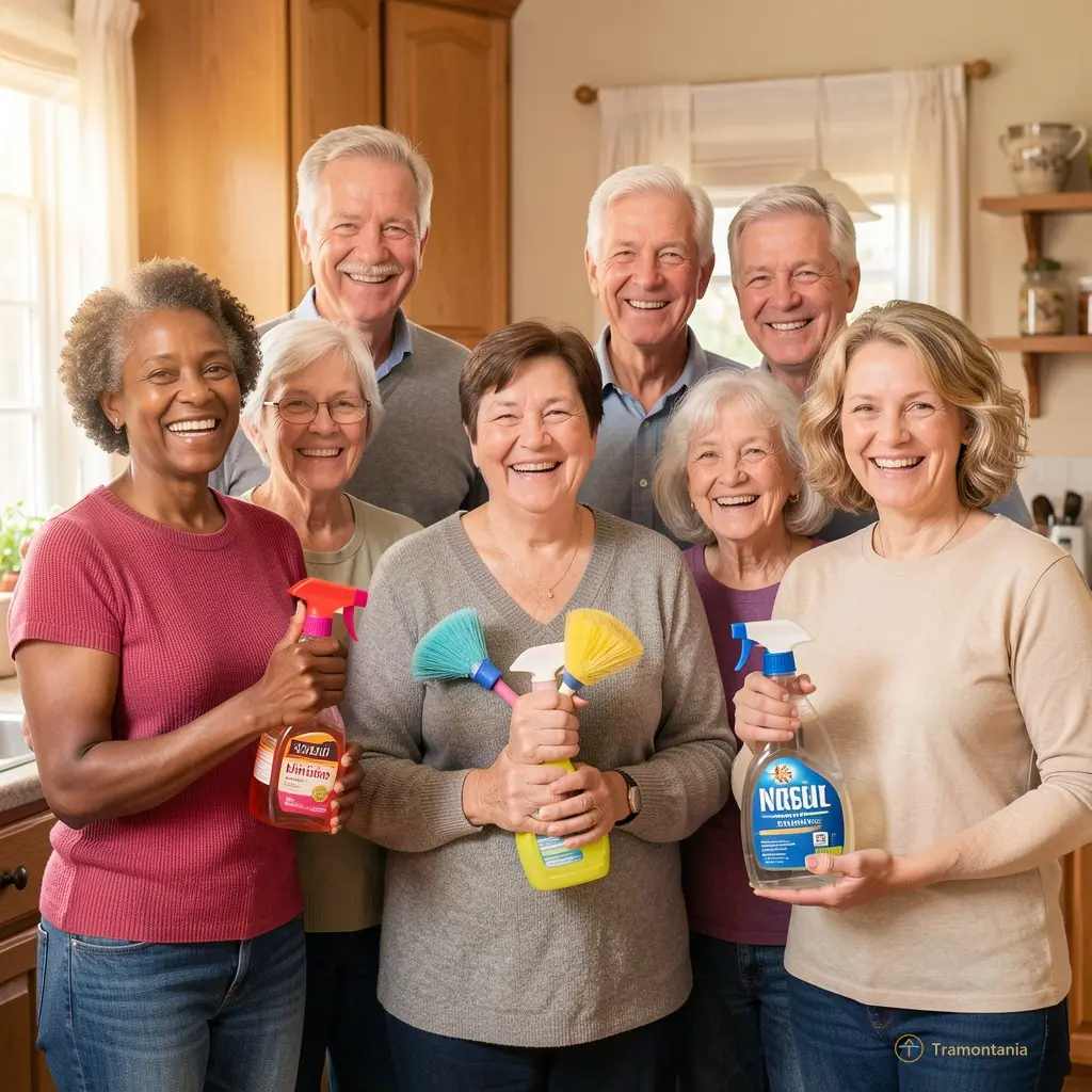 Group of diverse ages smiling while holding cleaning supplies, warm atmosphere