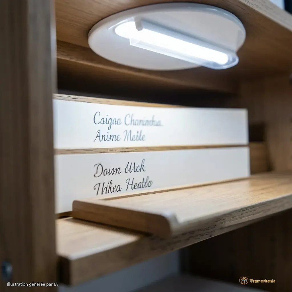 Détail d’un registre ouvert sur une étagère en bois, écriture manuscrite fine et régulière, lumière froide du plafonnier, cadrage serré sur deux lignes de noms
