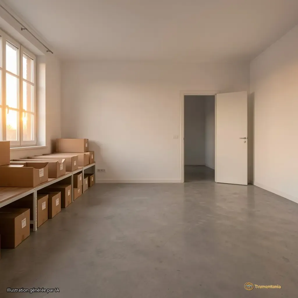 Salle vide, étagères basses avec des boîtes d'archives en carton, lumière douce du crépuscule qui entre par la fenêtre à gauche, cadrage large montrant une porte entrouverte au fond