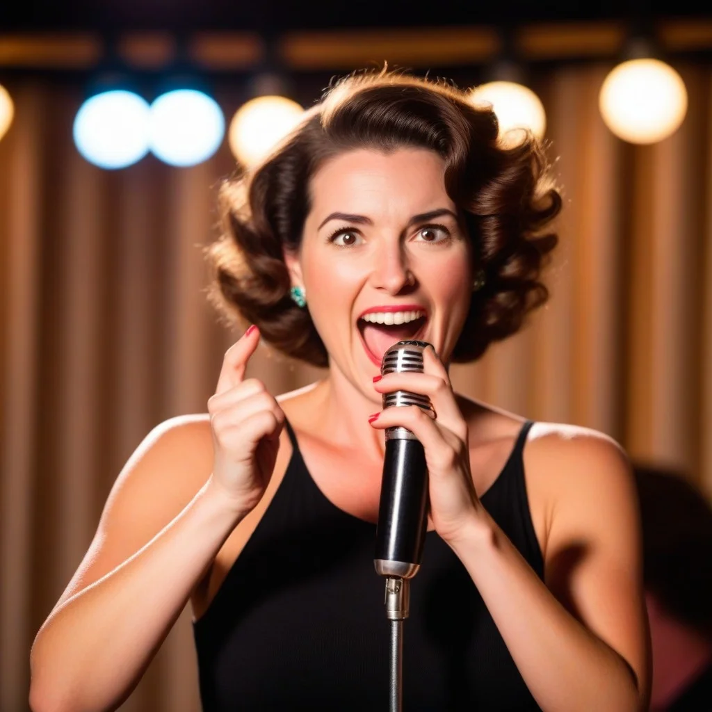 A close-up of a woman's hands gesturing expressively near a vintage microphone, capturing the energy and emotion of a live comedy performance, with soft bokeh lights in the background.