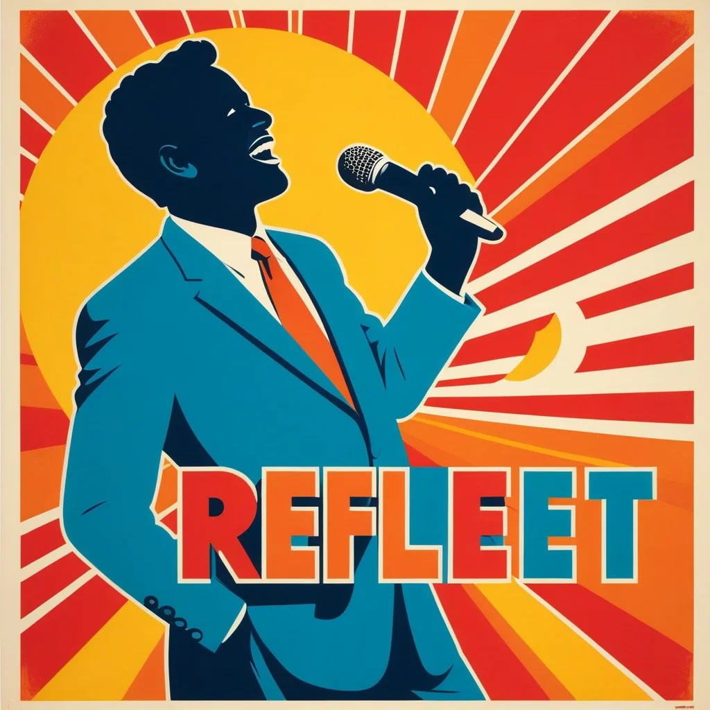 A colorful retro-style poster illustration featuring a stylized silhouette of a comedian on stage, with bold typography reading 'Reflet' and abstract shapes representing laughter and reflection.