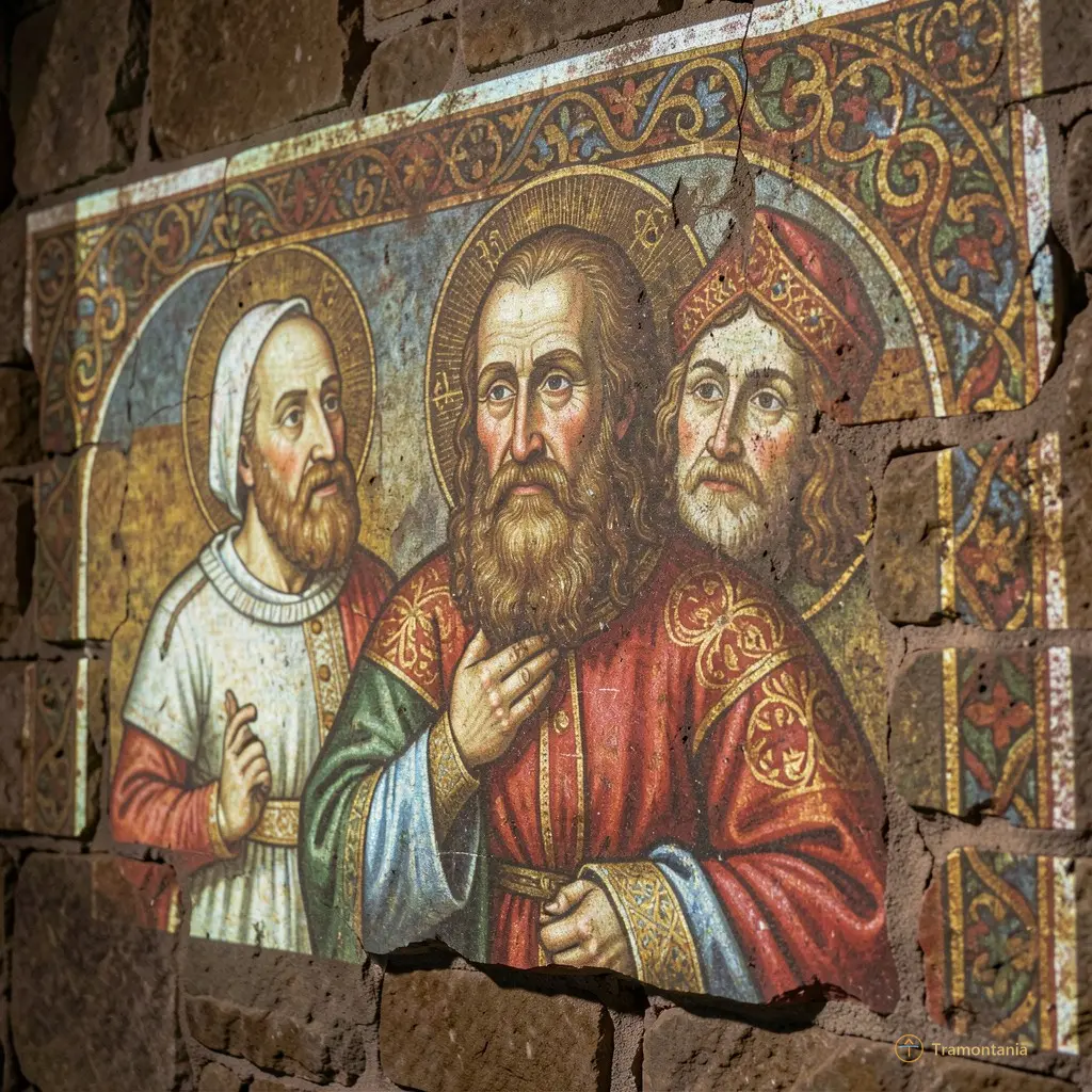 Close-up of a projected painting detail showing medieval figures on rough stone wall