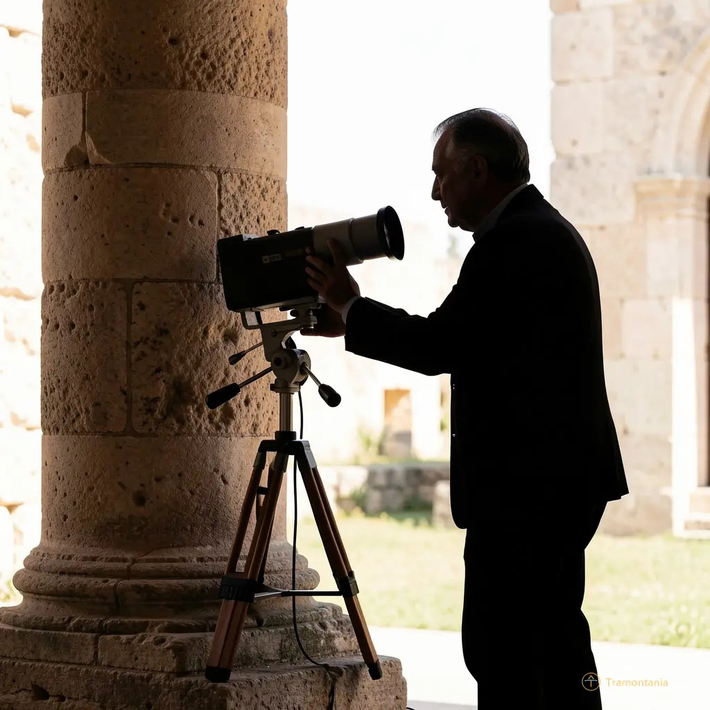 Silhouette of Michel Desmier adjusting the projector near an ancient stone column