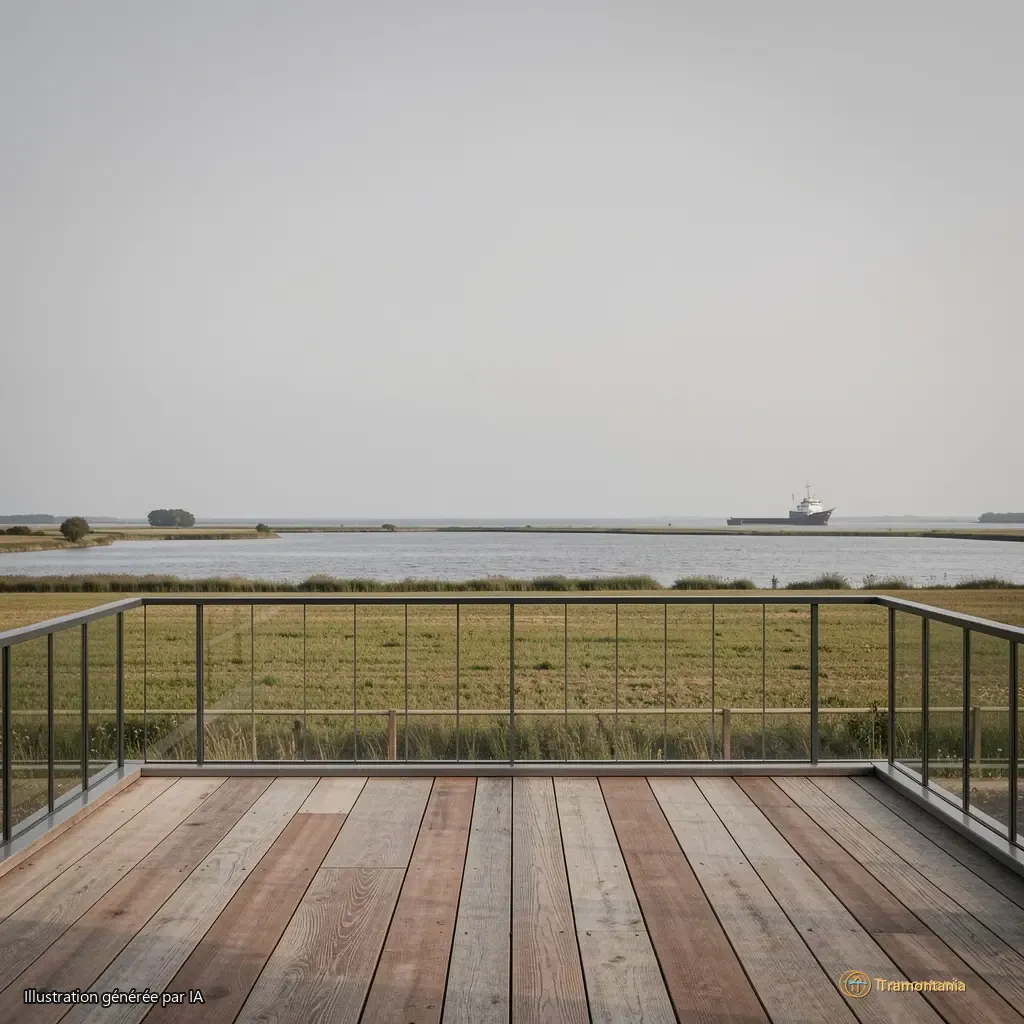 Port de Paulilles vu depuis la terrasse de l'atelier, horizon bas, ciel gris clair, silhouette d’un bateau au loin