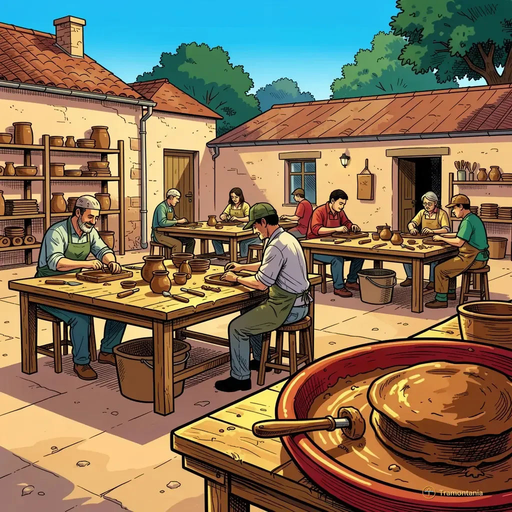 Plusieurs groupes travaillant à leur tourné dans un atelier extérieur rempli de tables en bois sous la lumière du jour