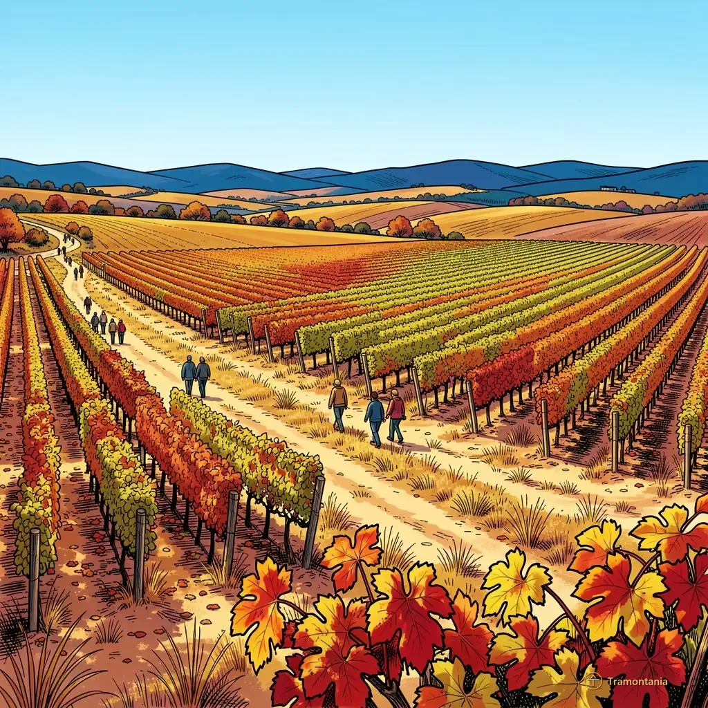 Des vignobles automnaux s'étendent sous le ciel et une piste terreuse serpente entre les rangées ordonnées de vigne