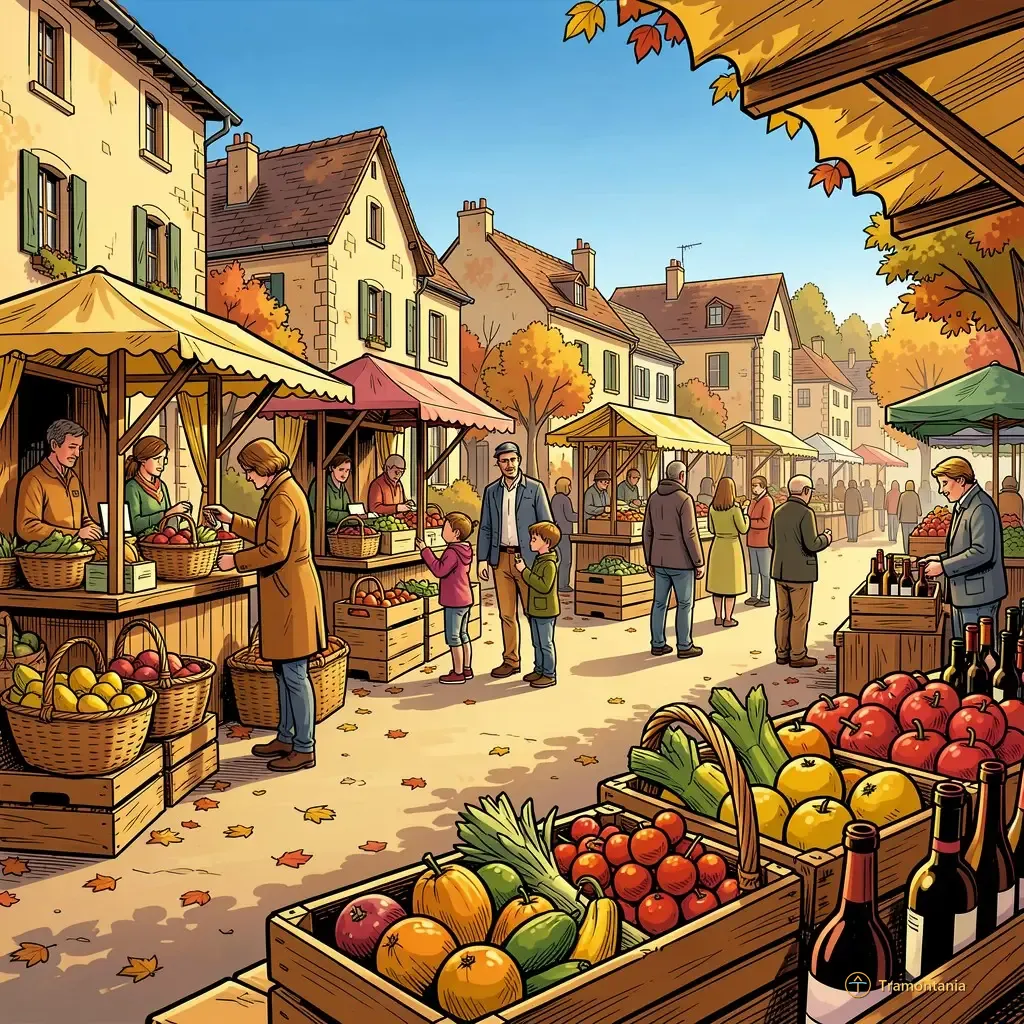 Nino, l'âne de Tramontania — Une grande vue montre la préparation d'une place de village avec des étals remplis de paniers et de bouteilles de produits régionaux pour une fête d'automne