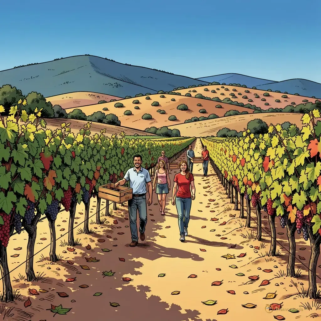 Un groupe de personnes marche le long d'un chemin de vigne au milieu de collines méditerranéennes sous la lumière du matin